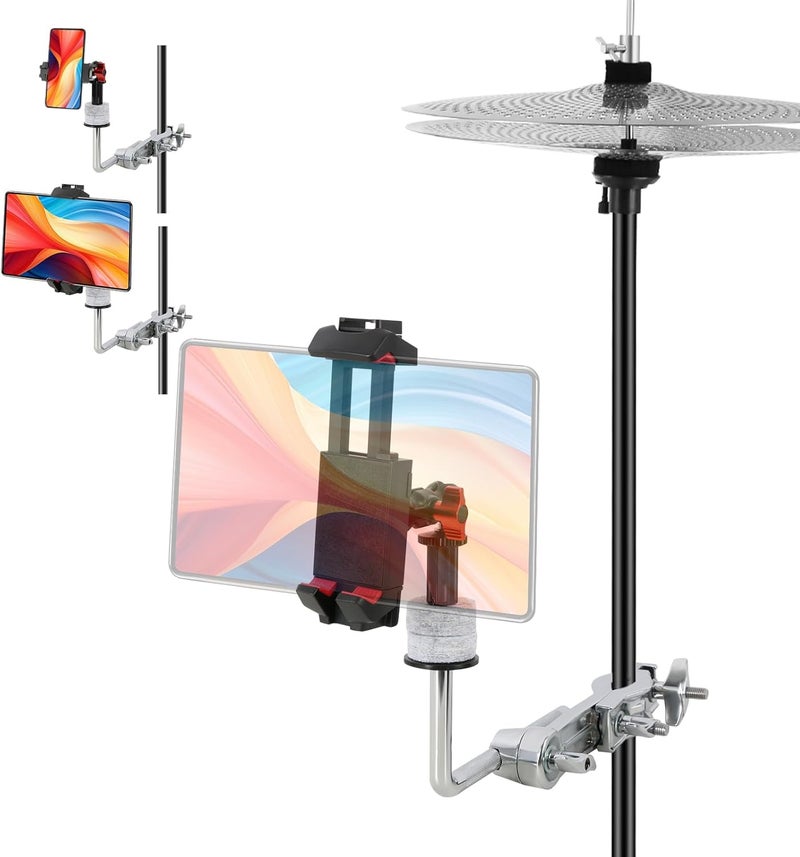 RANMING Drum Set Phone Holder Adjustable Angle Phone Clamp Drum Phones Mount for Recording Drummer Accessories Phones Holder for Electronic Drum Set Compatible with Smartphone and Tablet Computer - Image 1